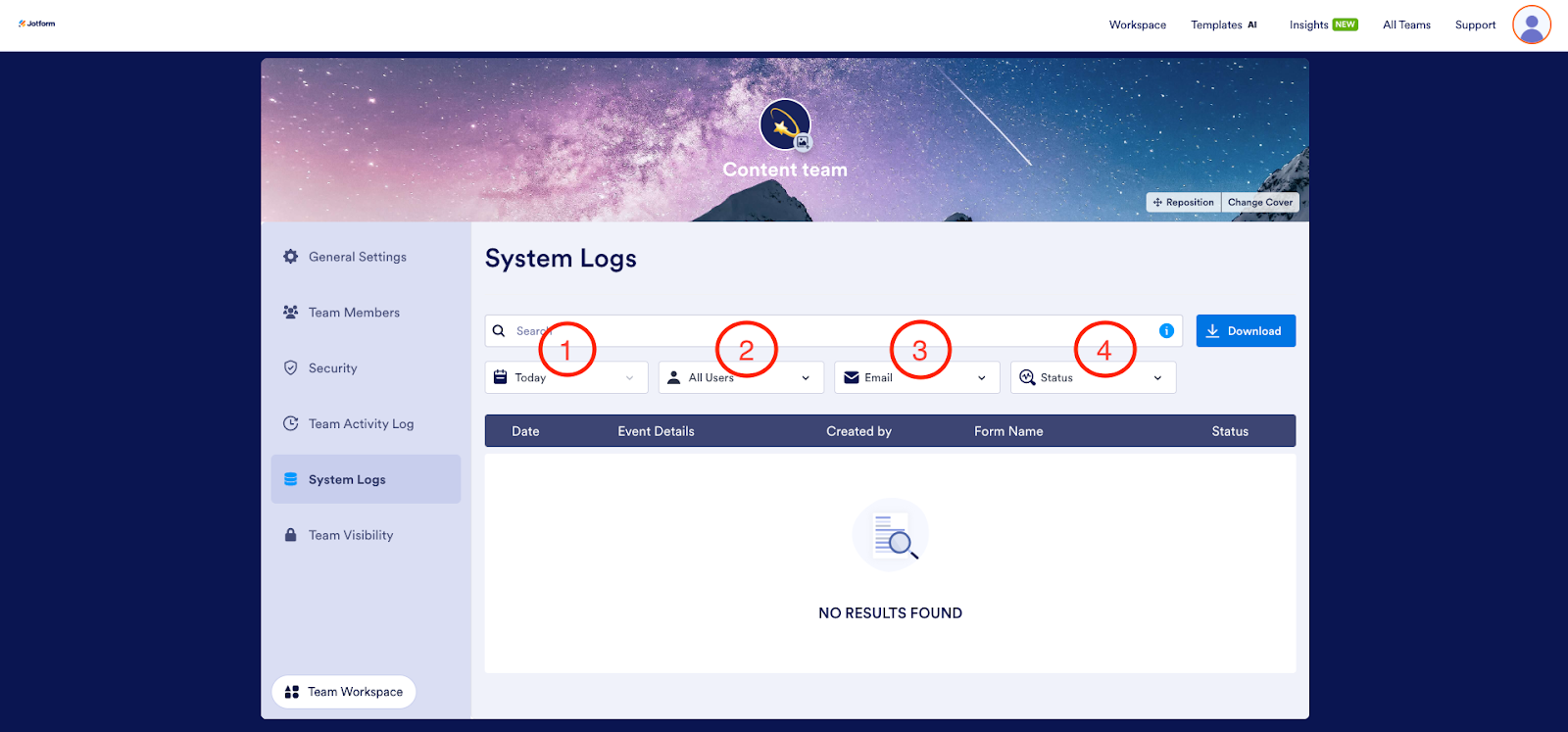 Screenshot of the System Logs screen for a Jotform Enterprise Team with the date, user, email, and status filters indicated