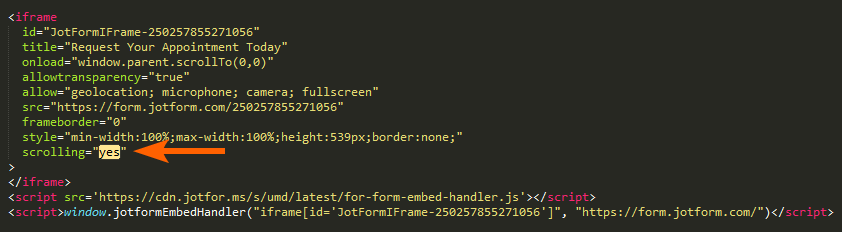 Value of the Scrolling attribute updated to yes in the form iframe embed code