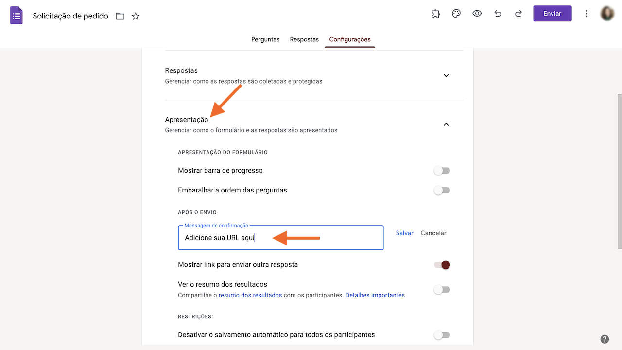 Captura de tela da interface do Formulários Google mostrando um formulário finalizado