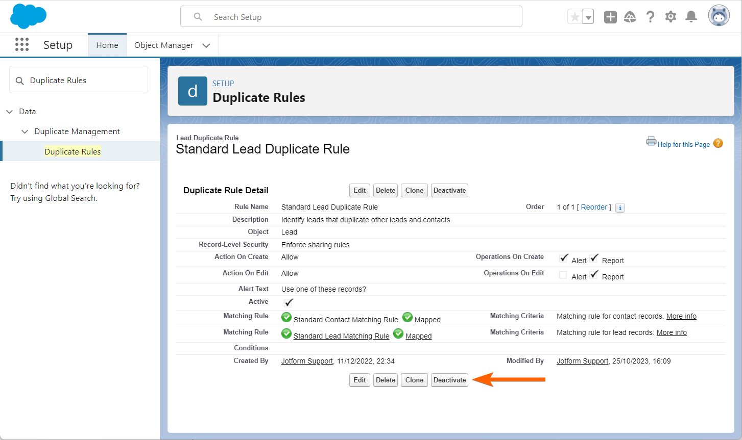 Deactivate Button in Salesforce Duplicate Rule