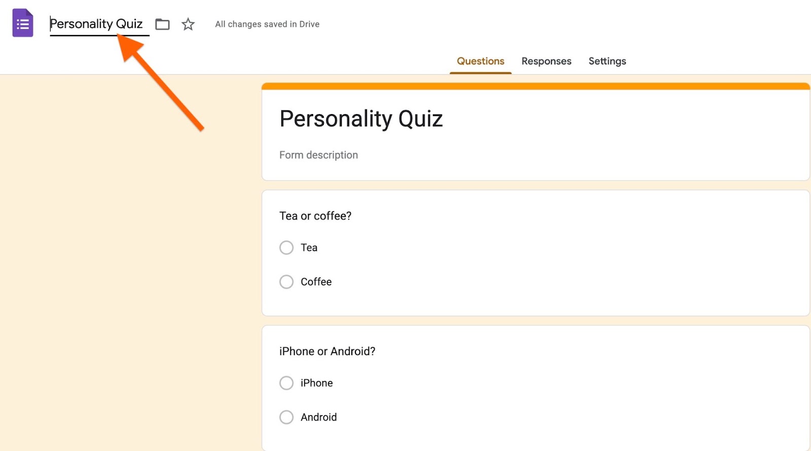An online personality quiz form with questions to select between tea or coffee and iPhone or Android