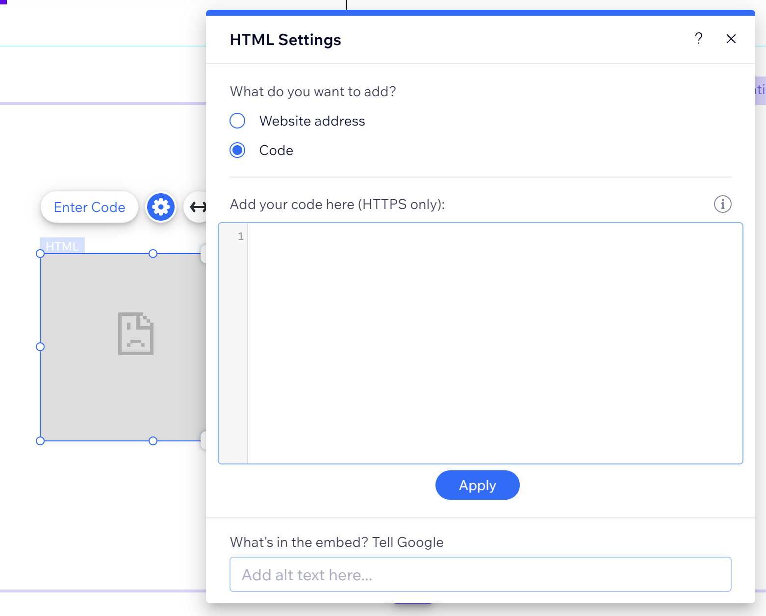 Screenshot des Menüs "HTML-Einstellungen" eines Einbettungscode-Blocks auf einer Wix-Website