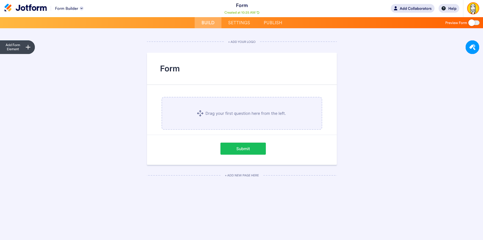 An empty Jotform form builder interface with a green "Submit" button, ready for new questions to be added