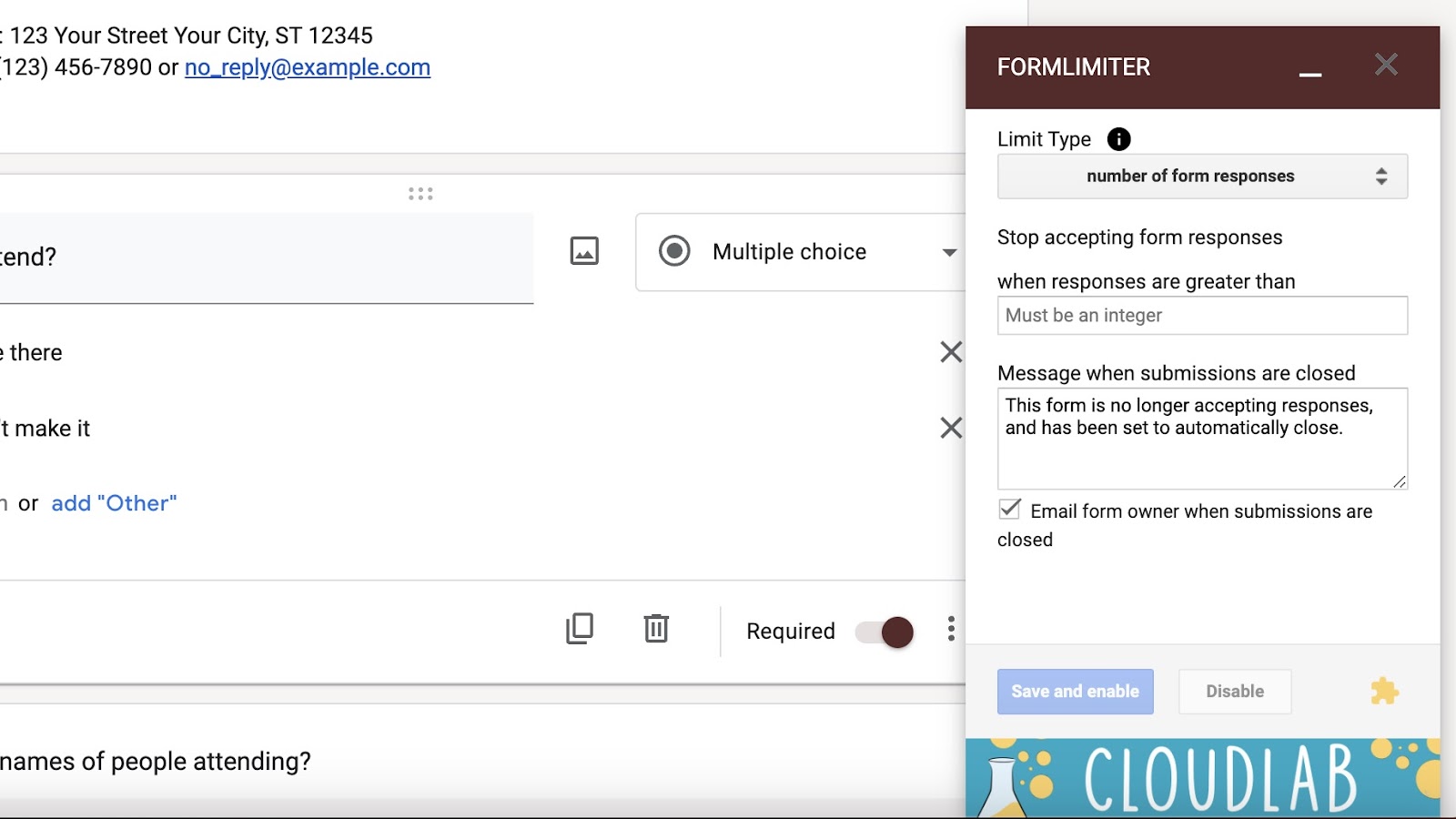 Filling out the empty fields in the Formlimiter window