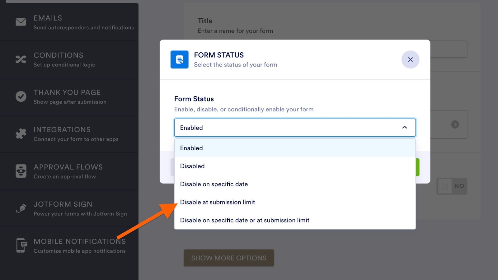 Selecting Disable on submission limit in Form Setting in Jotform Form Builder