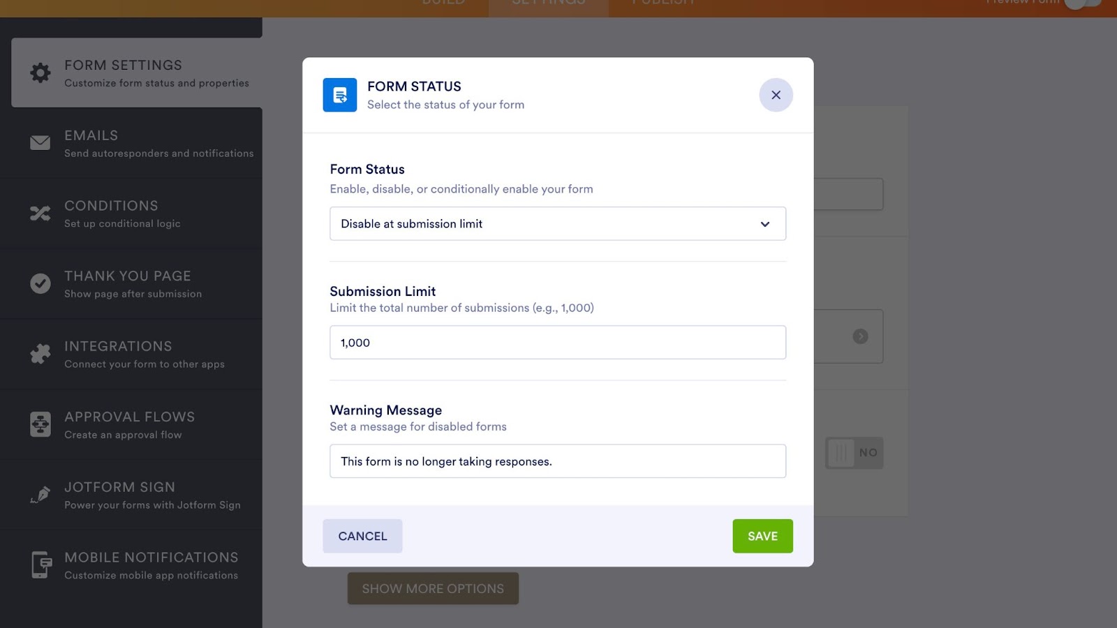Entering the submission limit and clicking on Save from the Form Status Window in Jotform Form Builder