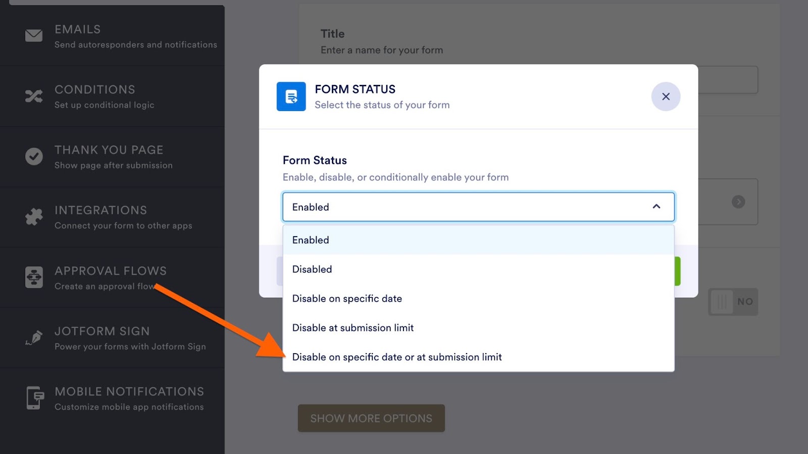 Selecting Disable on date and submission limit in Form Settings in Jotform Form Builder