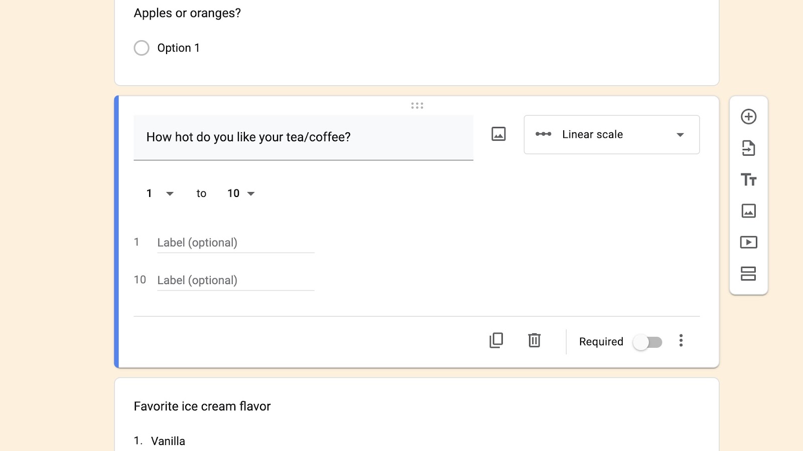 An online form showing a linear scale question 'How hot do you like your tea/coffee?' with a scale from 1 to 10, and a section for 'Favorite ice cream flavor'