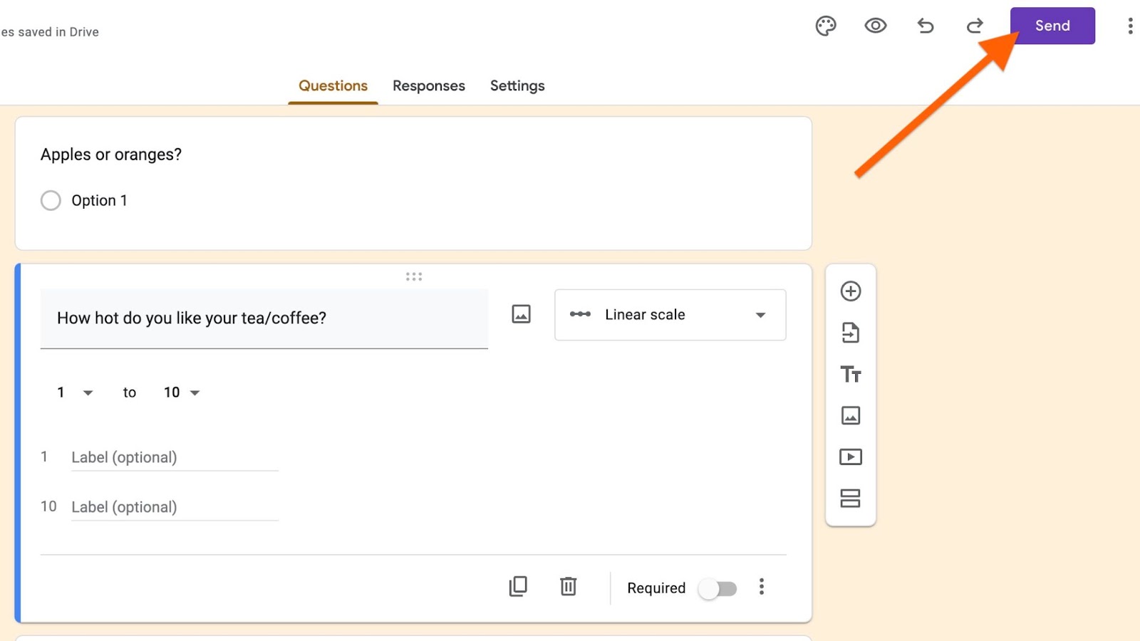 A form editing screen with a 'Send' button highlighted, indicating where to share the form once completed