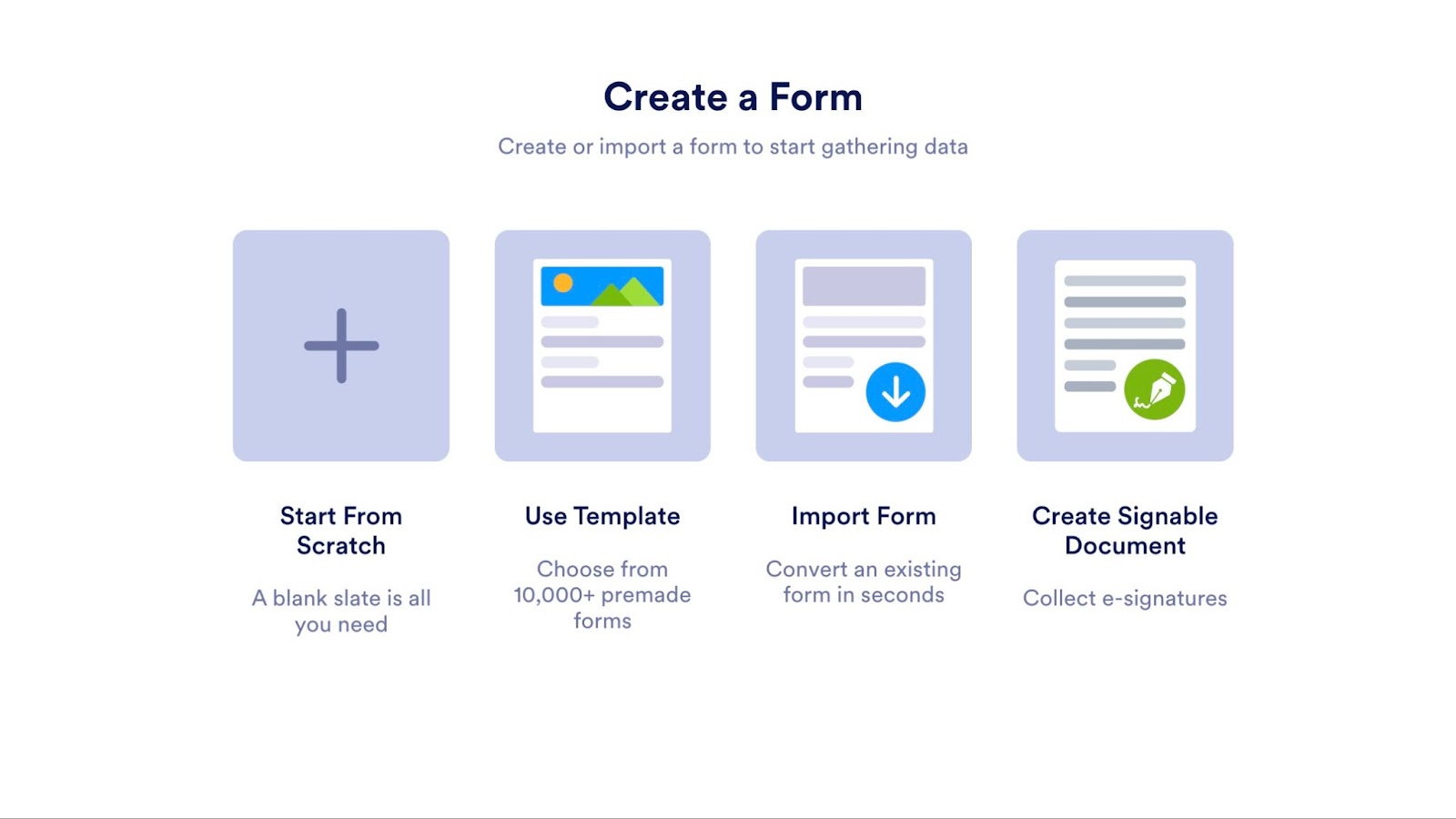 An interface showing options to create a form: 'Start From Scratch', 'Use Template', 'Import Form', and 'Create Signable Document'