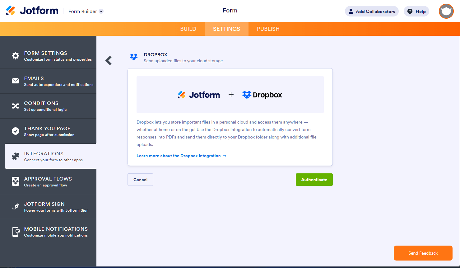 Botón de autenticar en la integración de Jotform con Dropbox