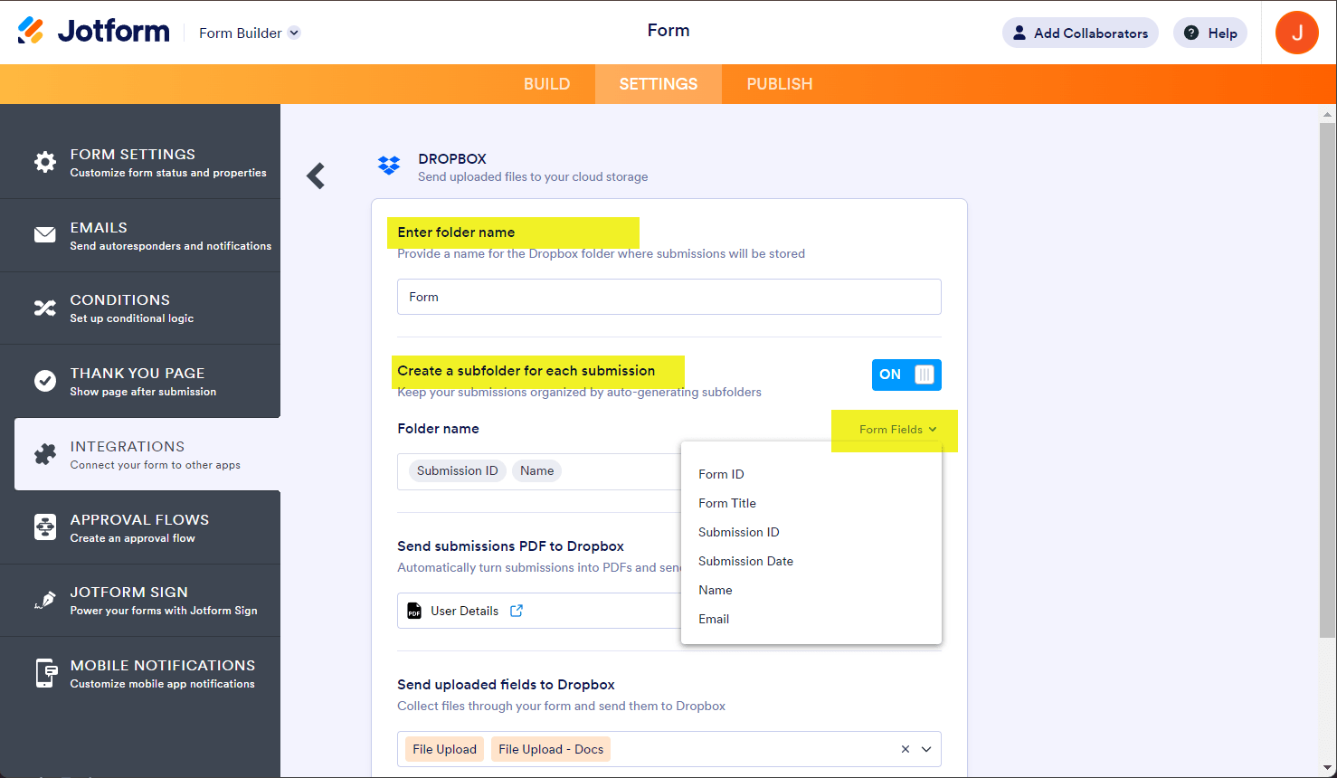 Configuración de carpeta principal y subcarpeta en la integración con Dropbox