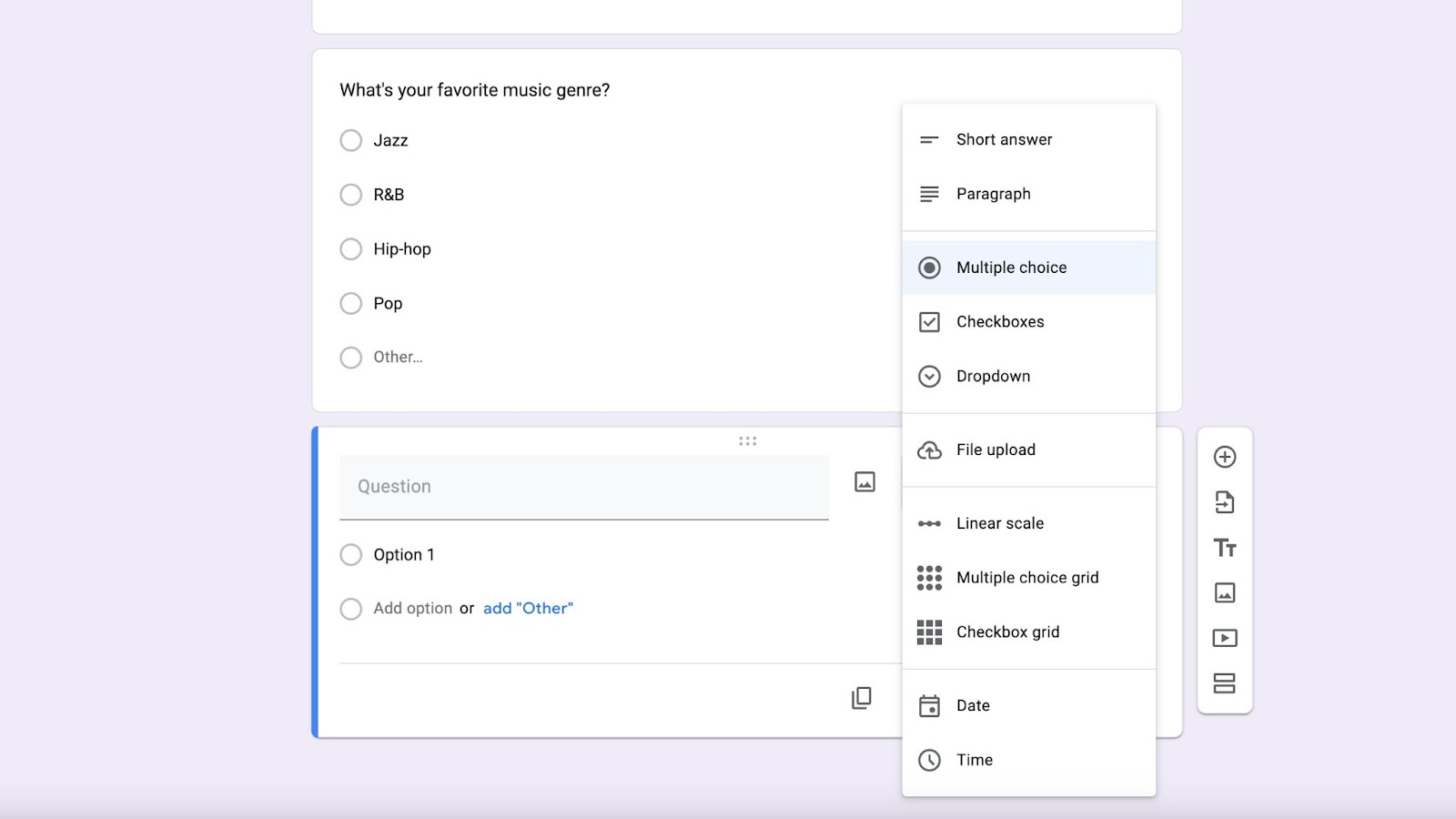 Survey interface with a multiple-choice question about favorite music genre and various question type options on the side