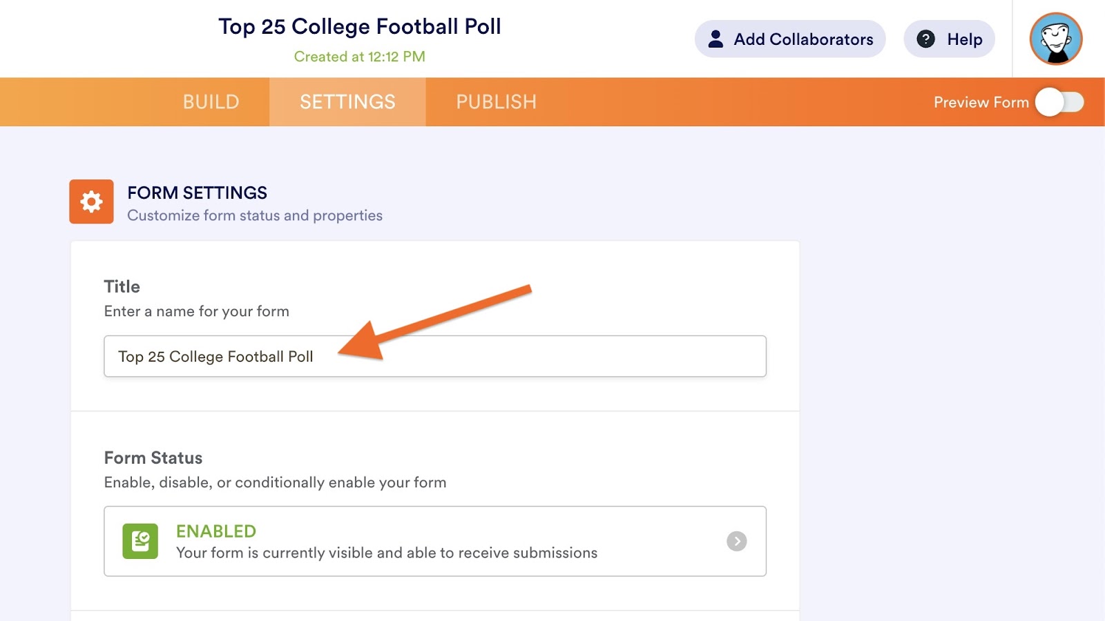 Settings tab in a form builder showing the title field for 'Top 25 College Football Poll' and form status option