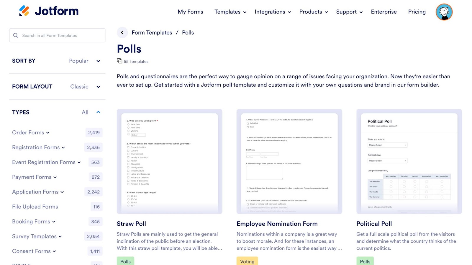 Jotform's webpage displaying various poll templates for creating online surveys and questionnaires