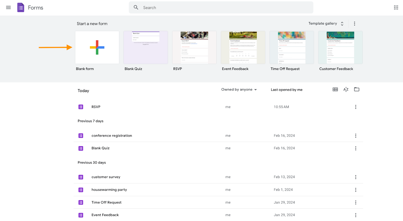 Forms management interface showcasing options to start a new form, a template gallery, and a list of recently modified forms