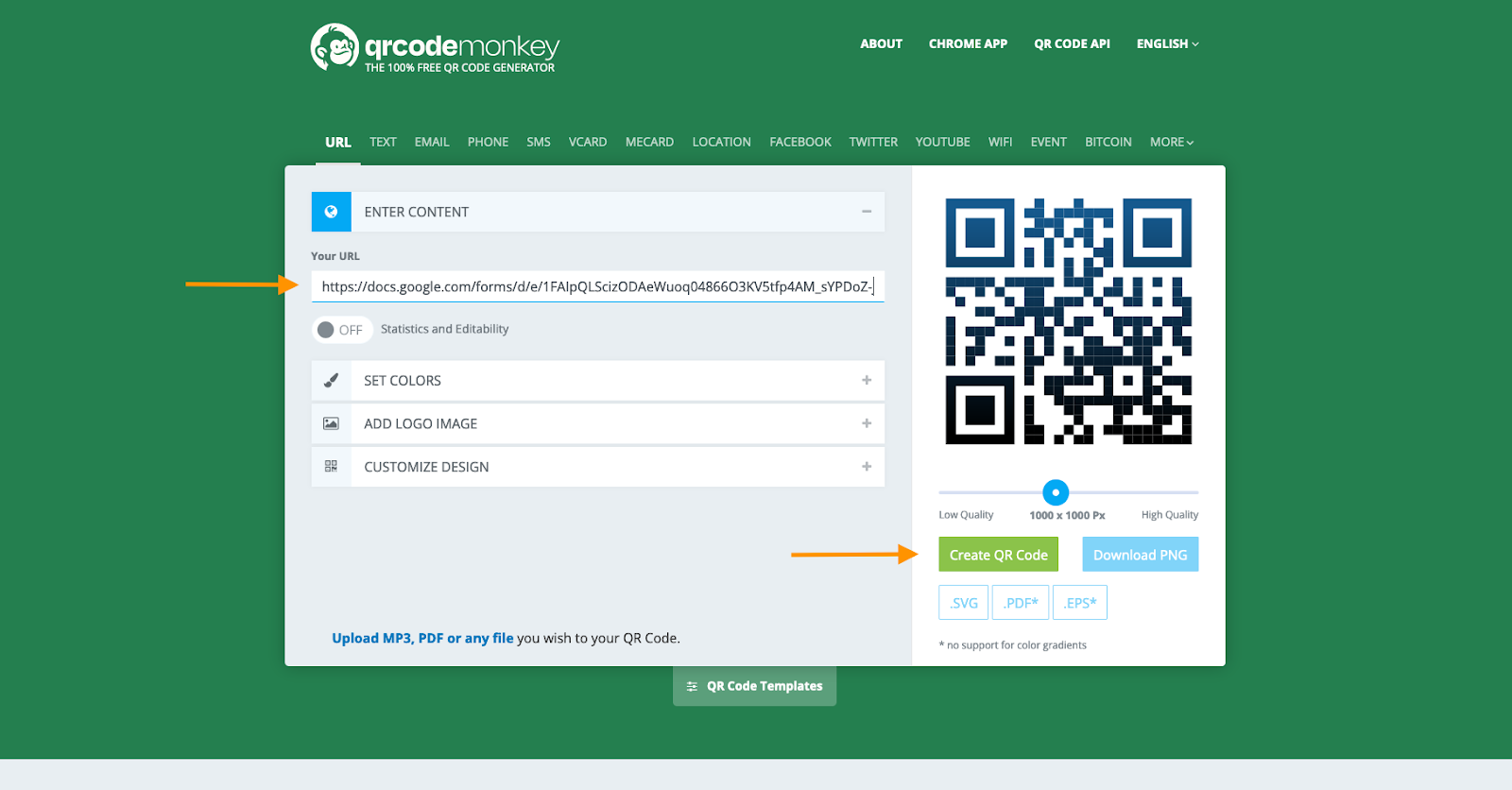 A QR code generator website interface with options for entering content, setting colors, adding a logo, customizing design, and downloading the QR code