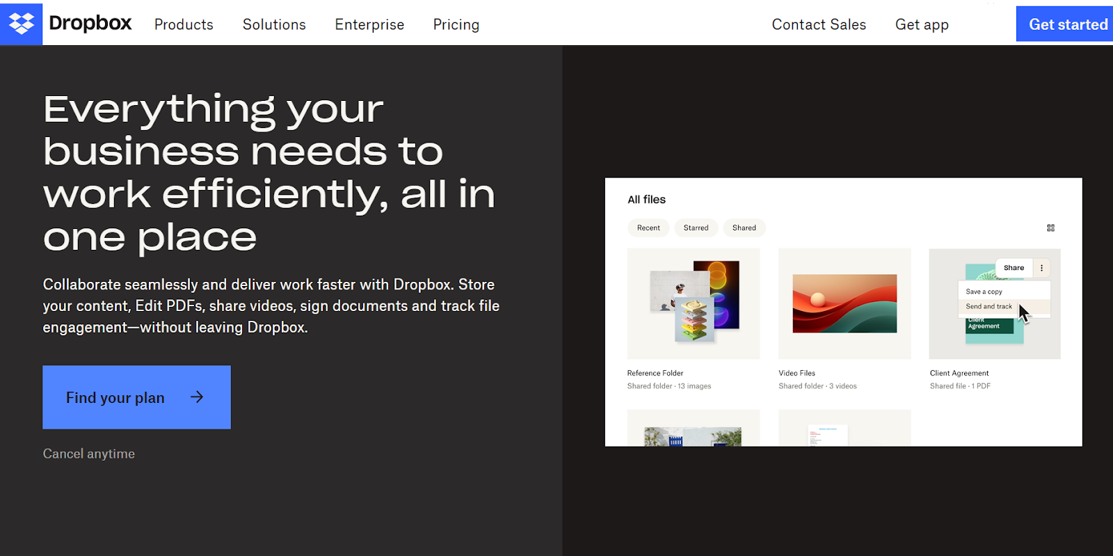 landing page of dropbox