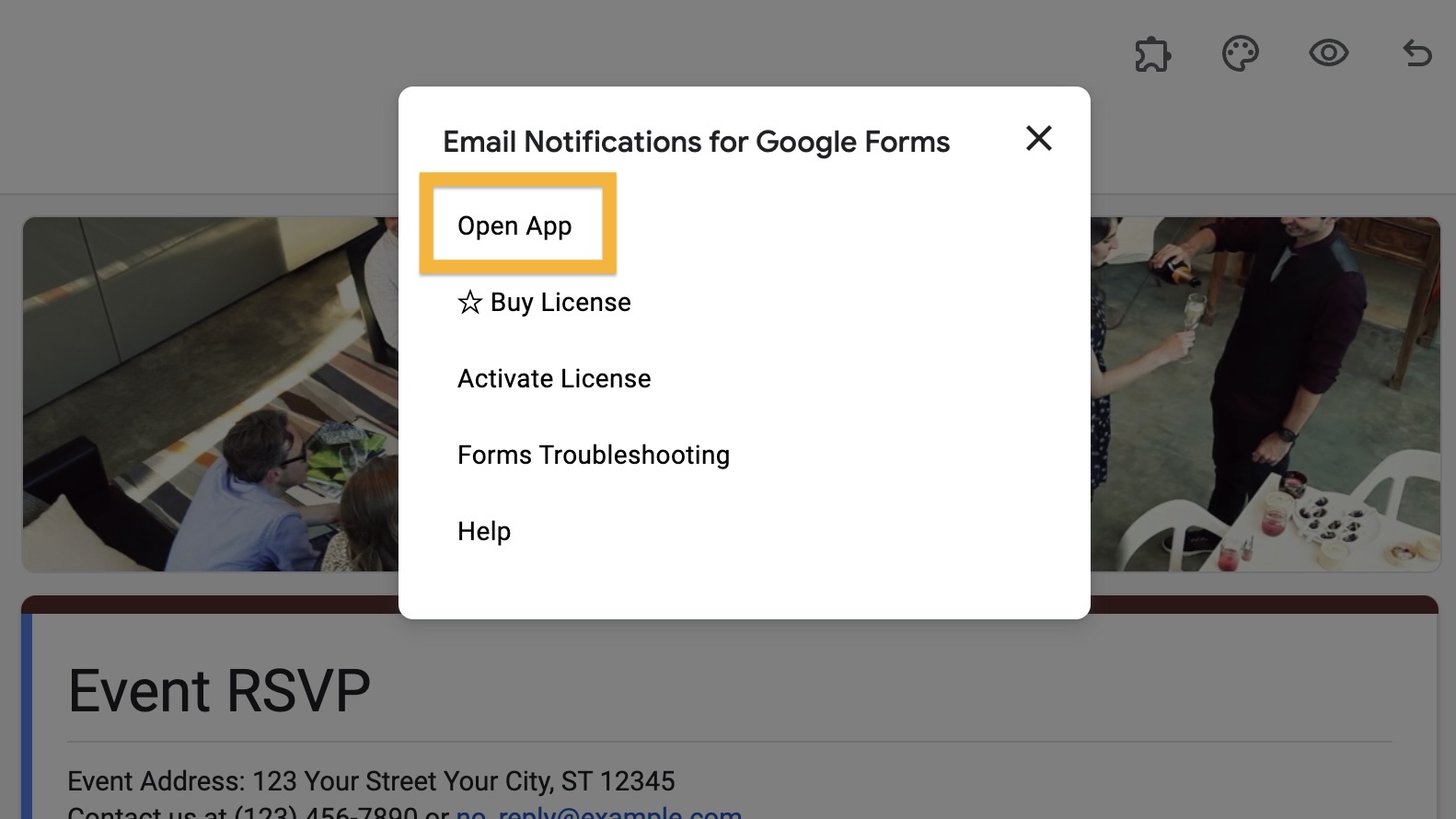 A screenshot showing an RSVP form in Google Forms