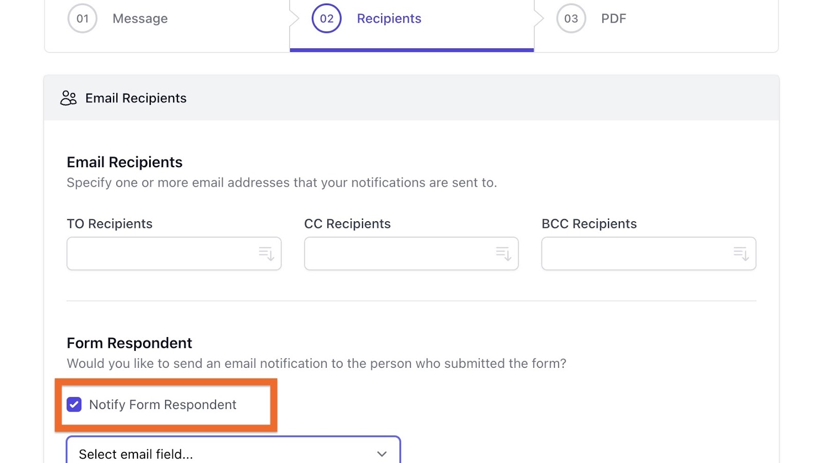 Capture d'écran du menu des paramètres du module complémentaire avec la case Notify Form Respondent cochée dans l'onglet Recipients