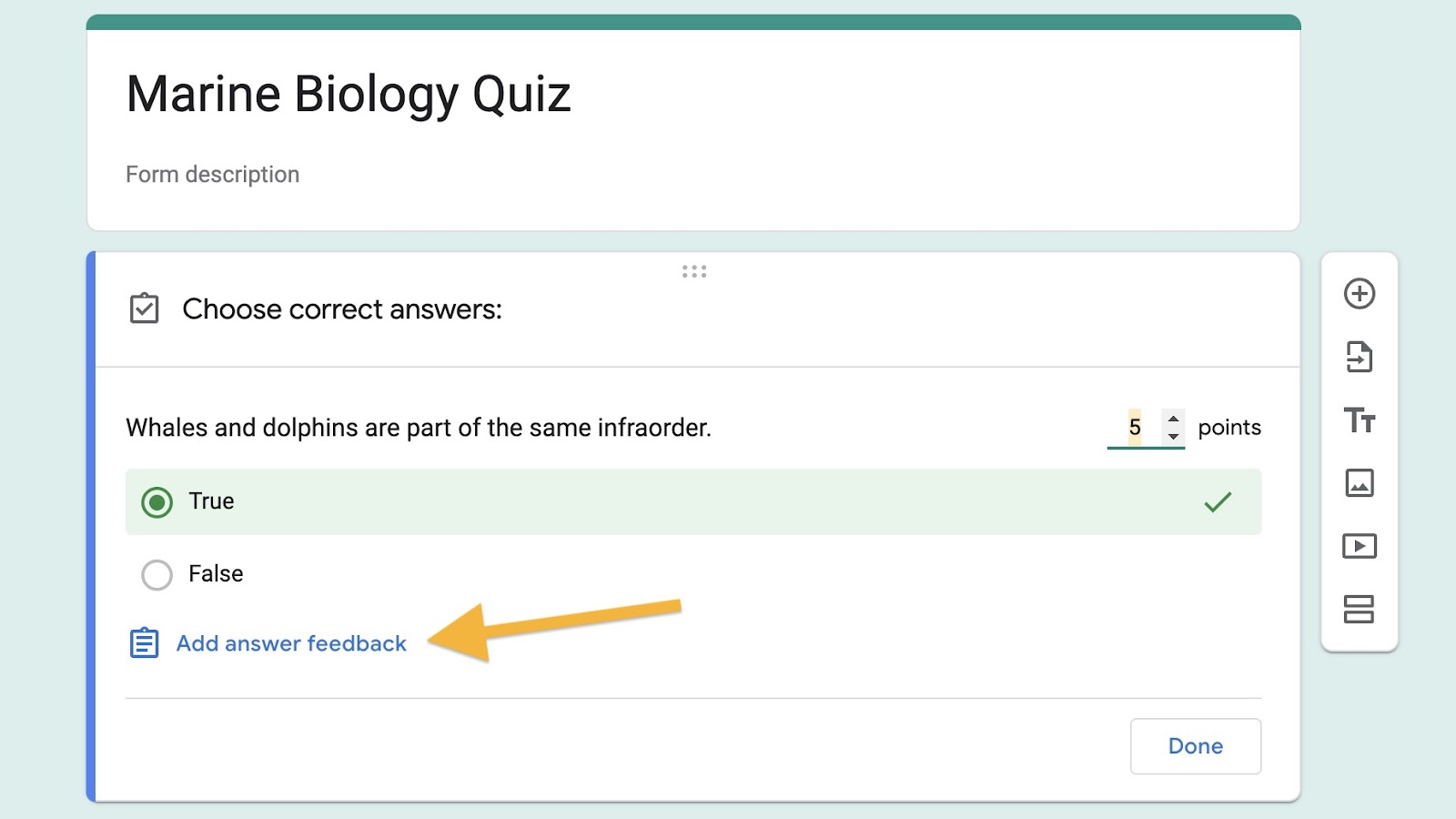 A screenshot showing the "Add answer feedback" option on the bottom left of the answer key selection