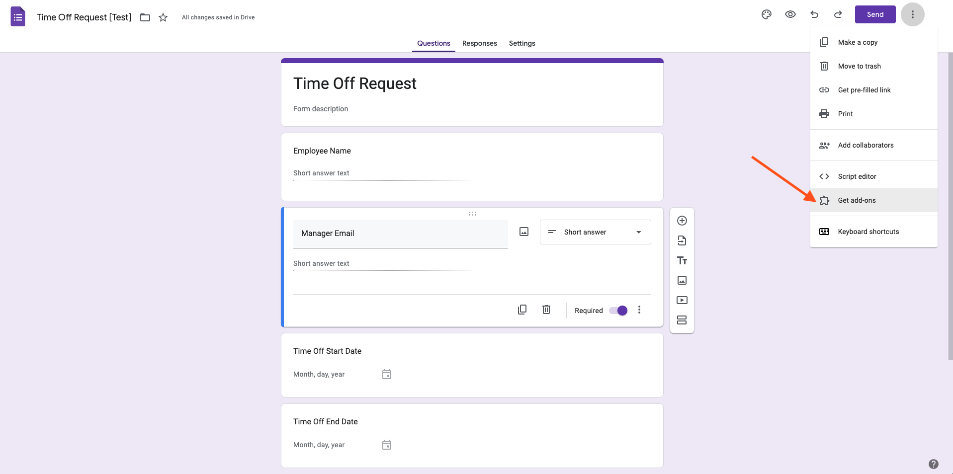 A screenshot of a menu at the top right of Time Off Request form selecting "Get add-ons"