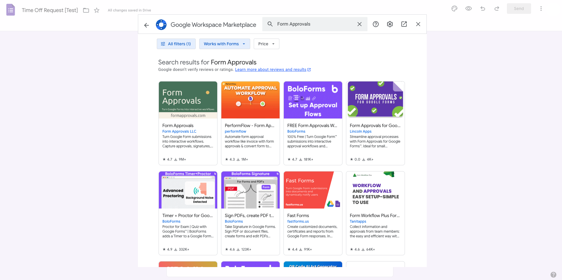 A screenshot of the Google Workspace Marketplace menu searching for "Form Approvals"