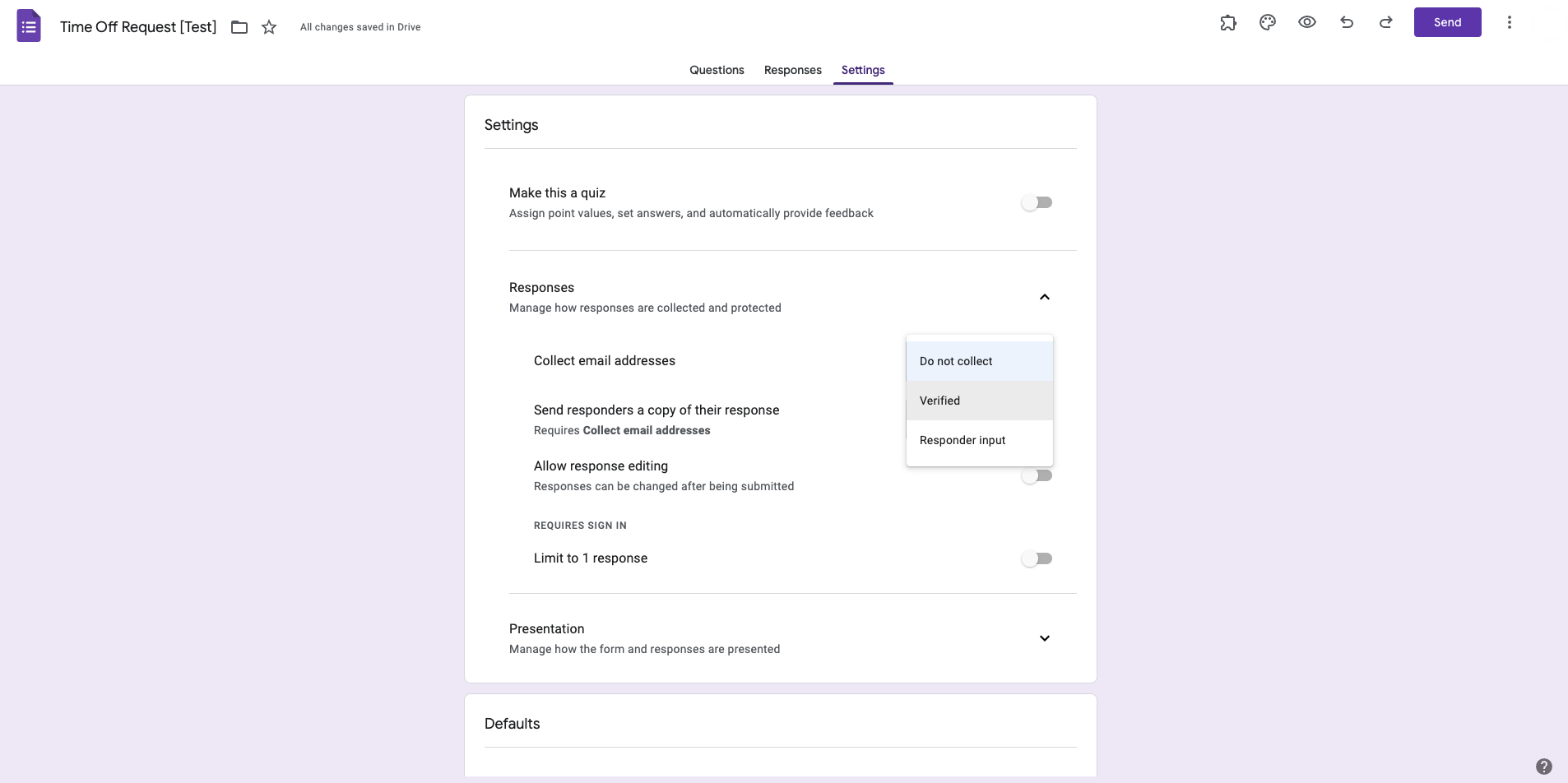 Screenshot of the Settings menu of Google Forms selecting "Verified" in Collect email addresses option