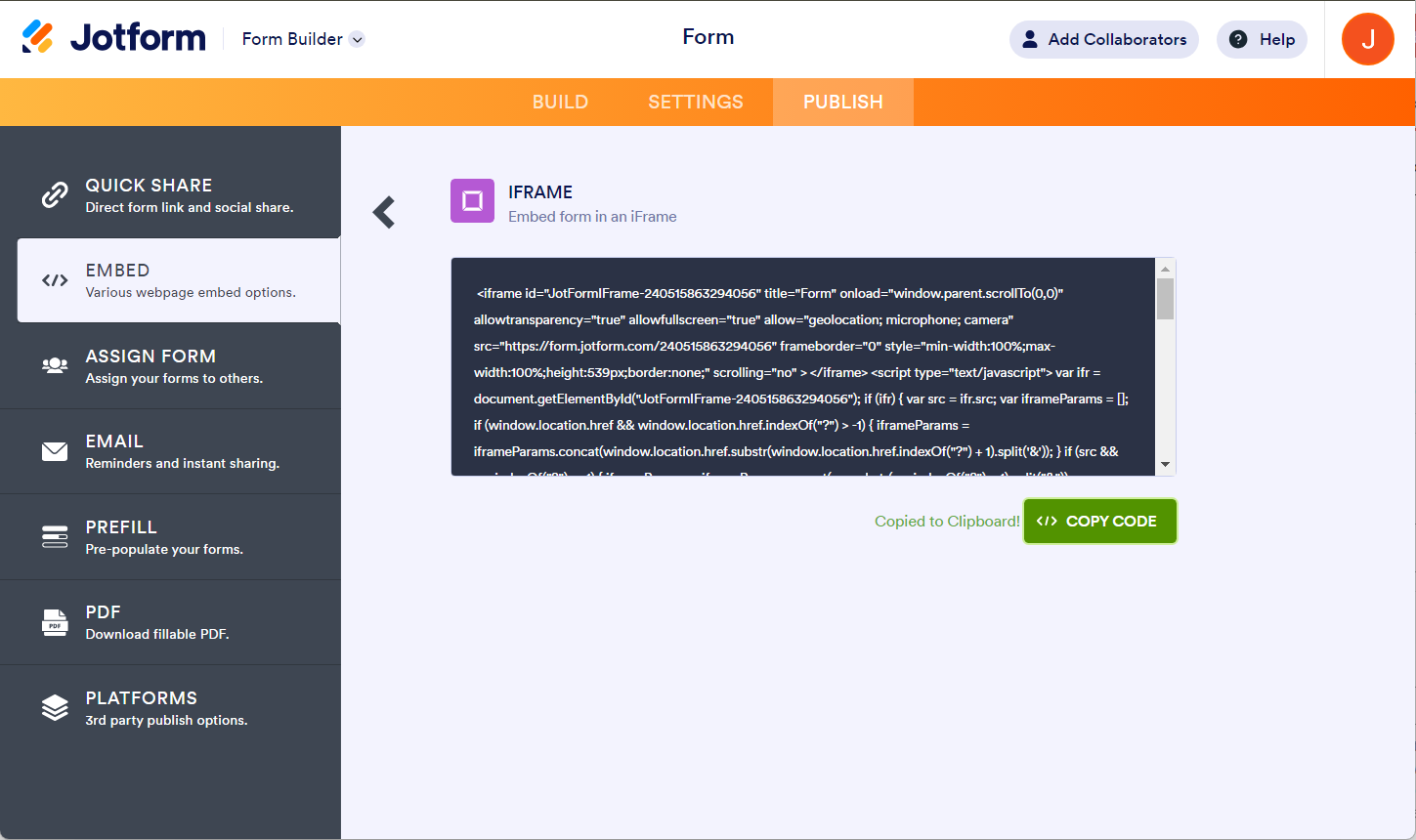 Copy Code button in Iframe embed option