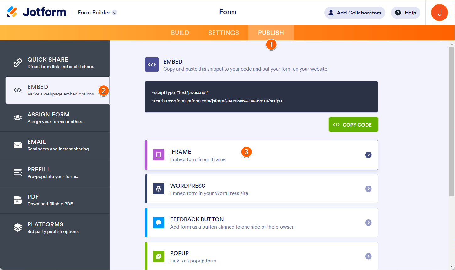 Iframe embed option in Publish tab of the Jotform Form Builder