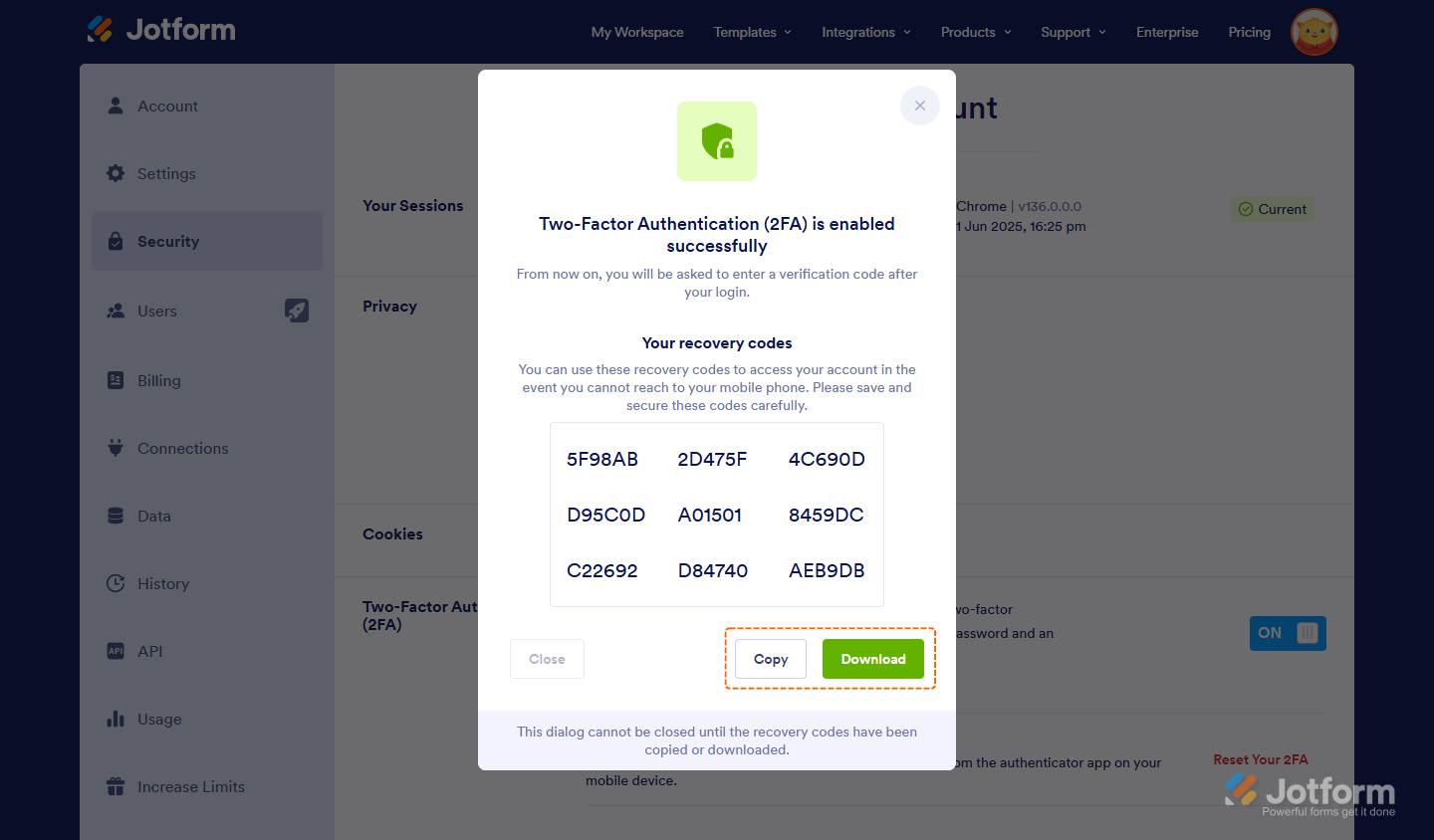 Recovery codes in the Two-Factor Authentication Enabled Successfully window in the Security tab of the Jotform Account Settings page