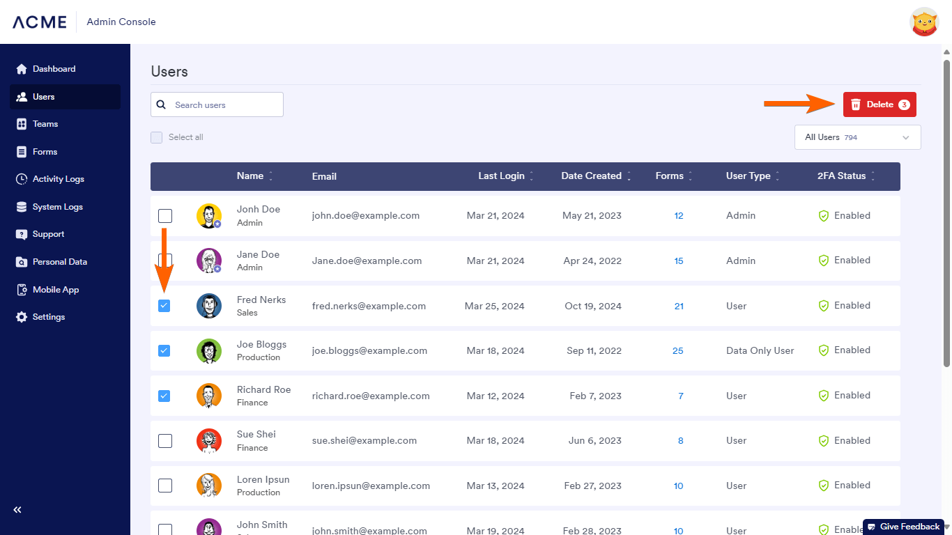 Steps to delete users in Jotform Enterprise Admin Console