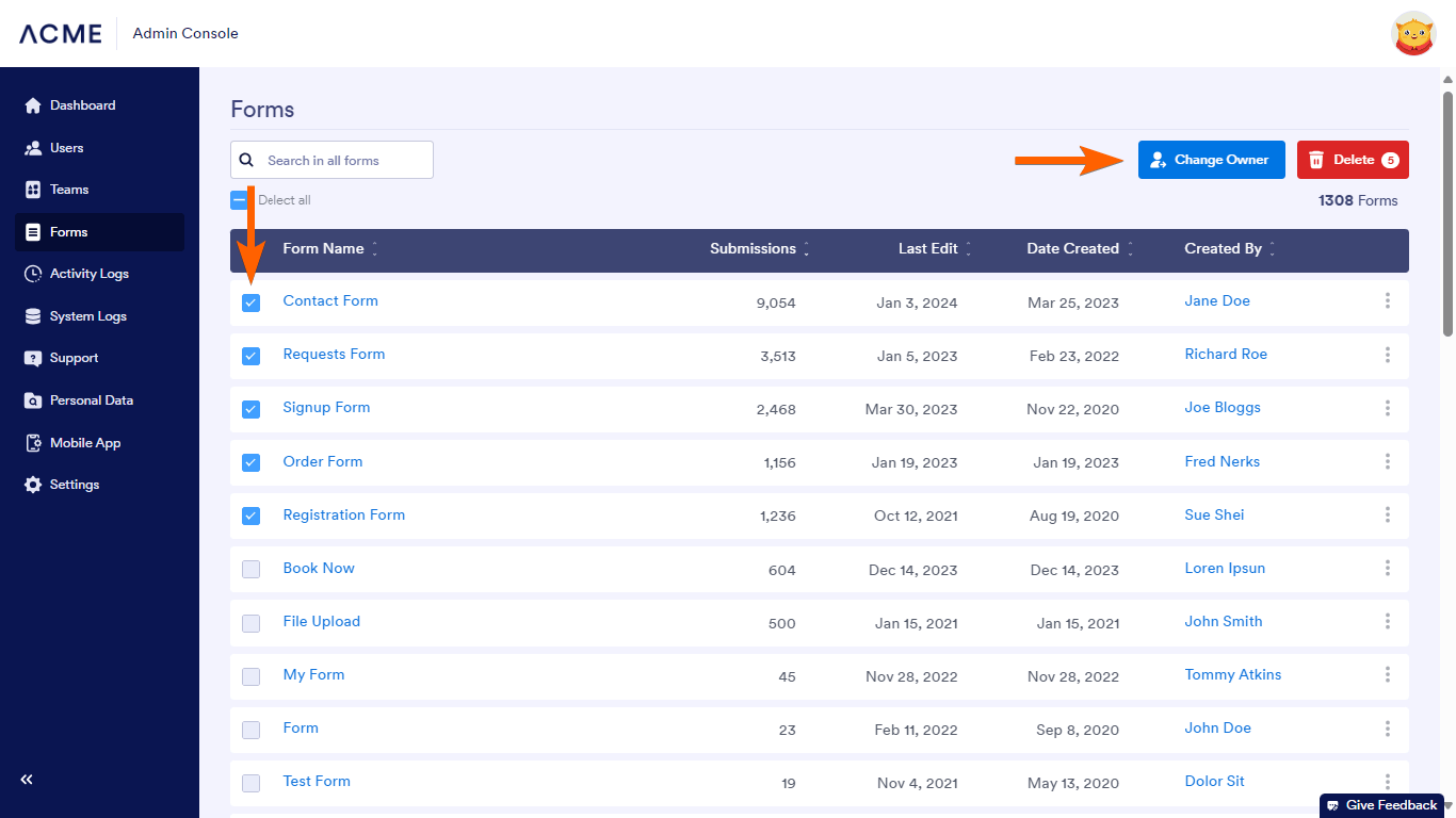 Steps to change owner or delete forms in Jotform Enterprise Admin Console