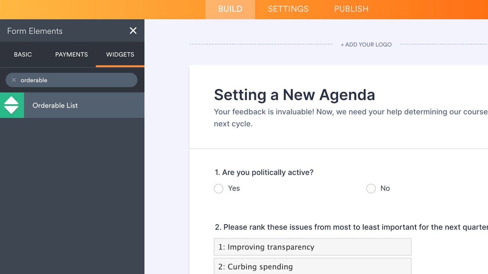Jotform form oluşturucusunun ekran görüntüsü, sol tarafta form elemanları widget menüsü açık