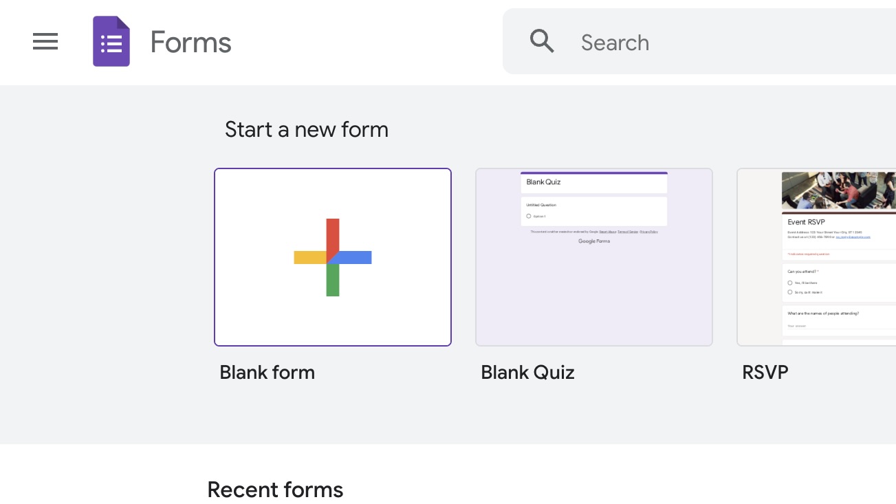 A screenshot of Google Forms that shows the Blank form option at the top of the page