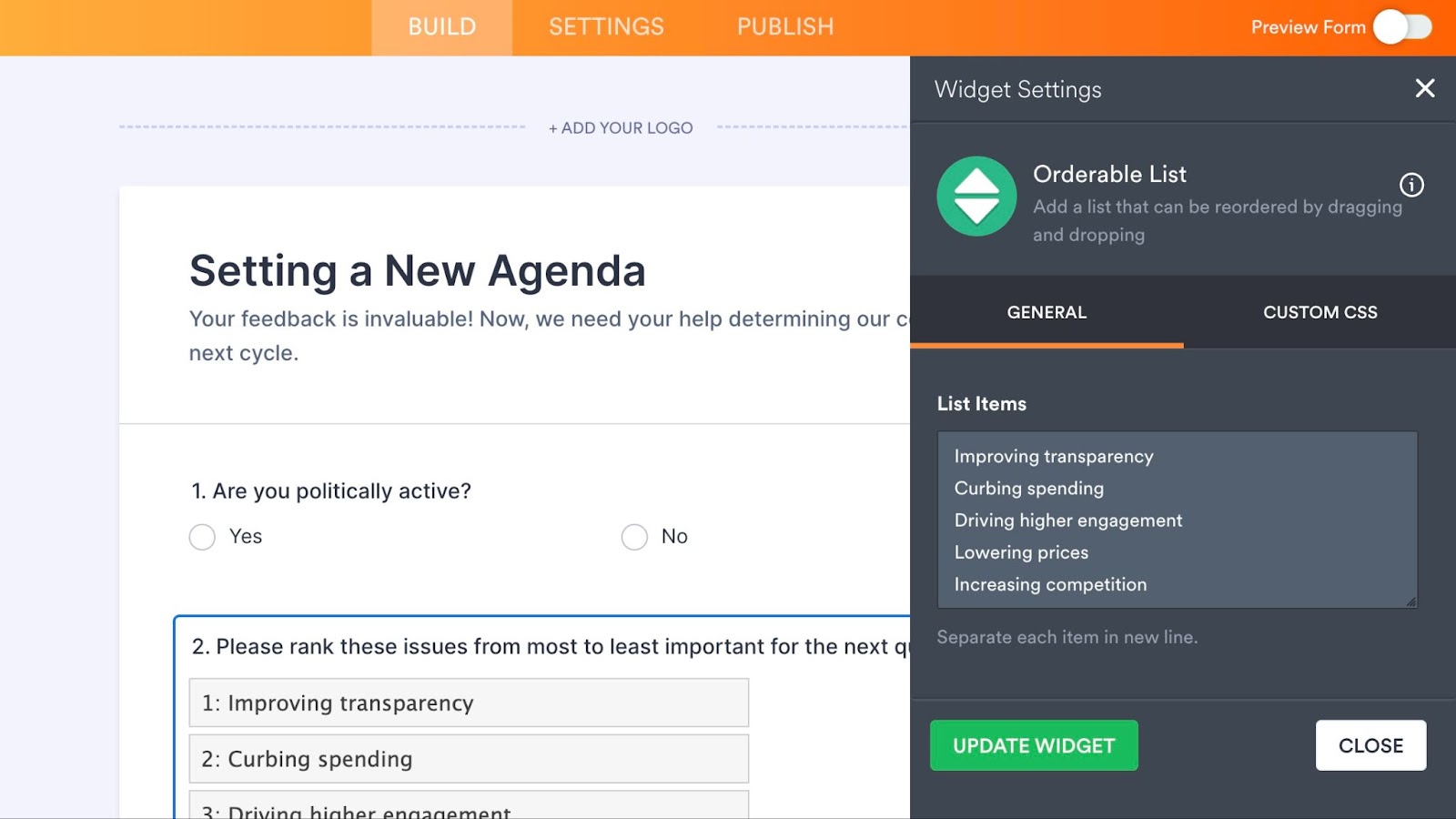 Jotform form oluşturucusunun ekran görüntüsü, Sıralanabilir Liste widget ayar menüsü açık