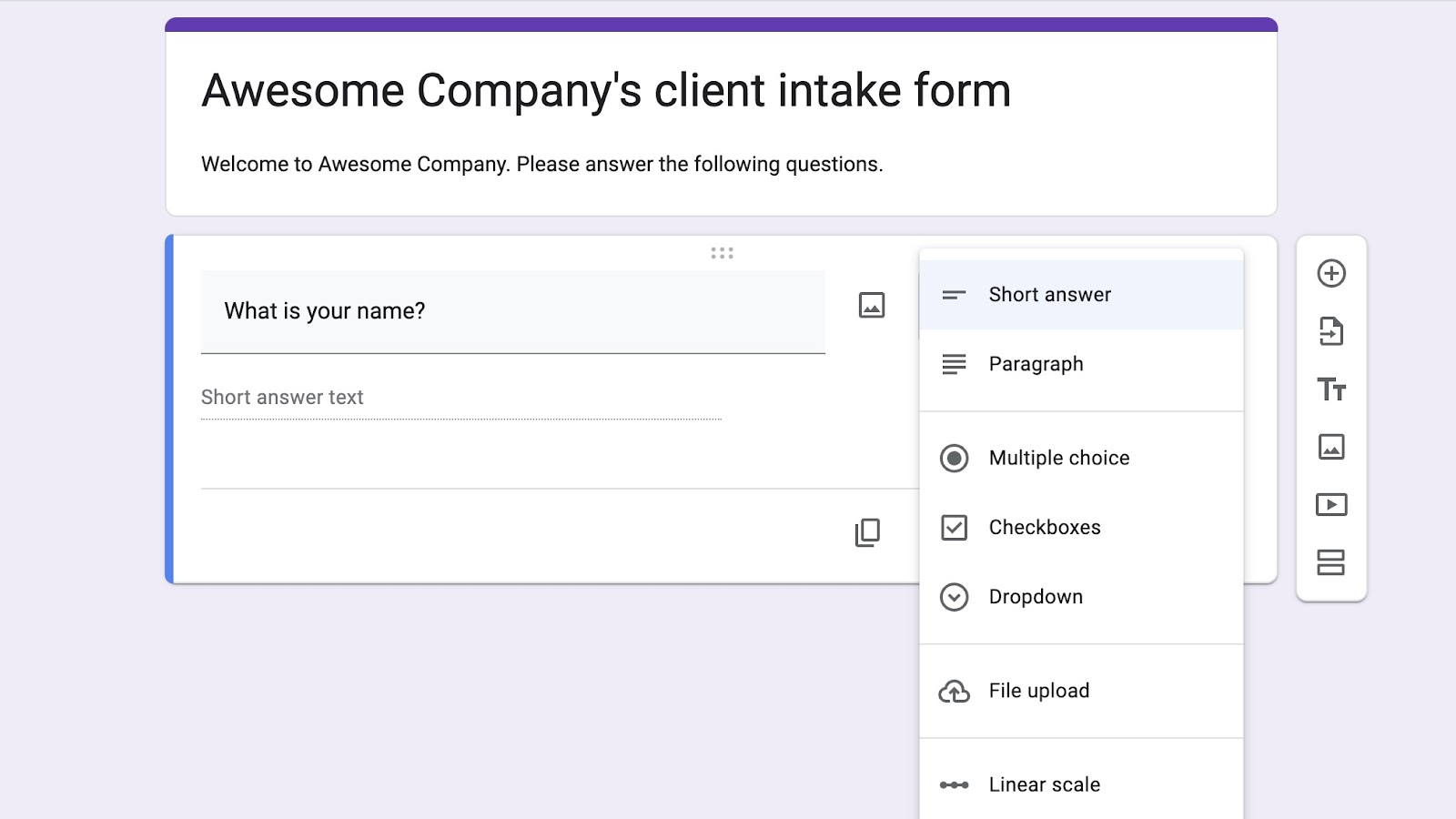 Screenshot of the first question, "What is your name?" and the question options to the right