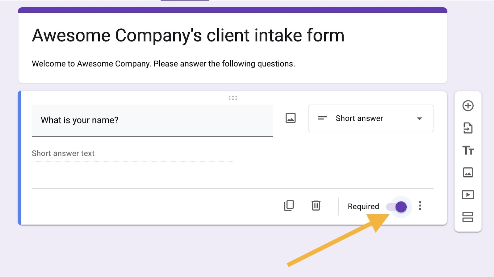 Screenshot in Google Forms of the question with an arrow pointing at the "Required" toggle slider