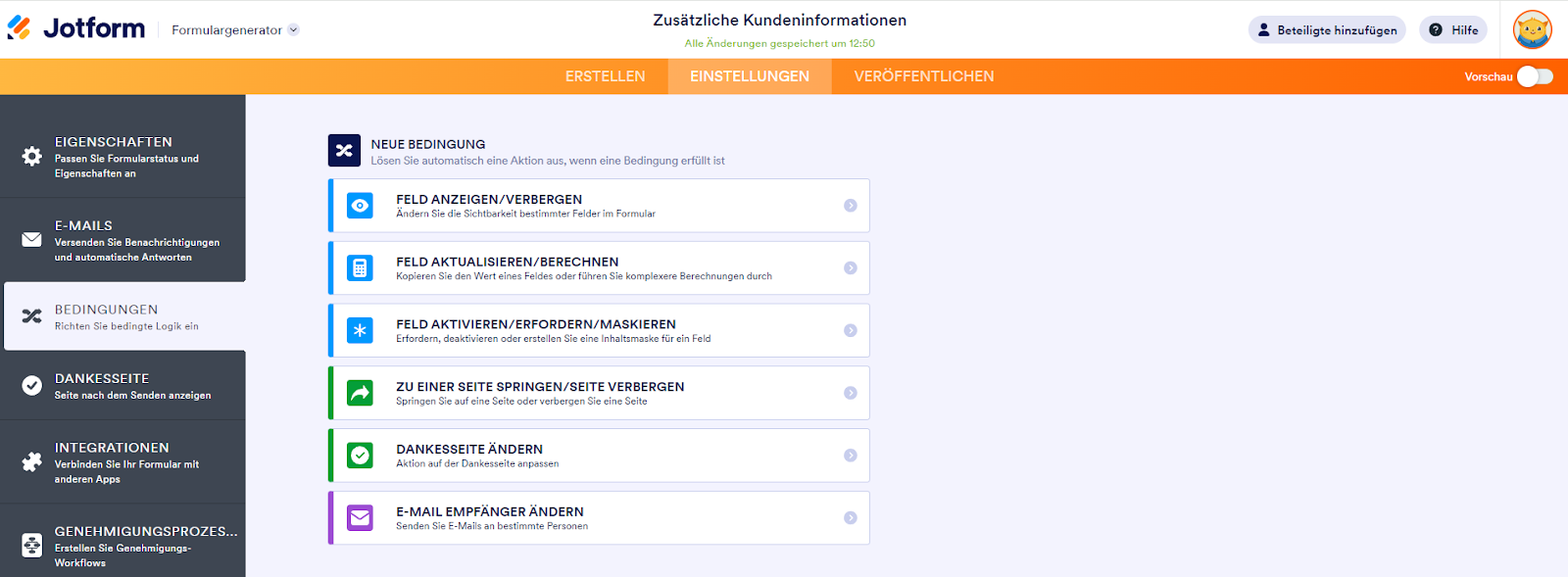 Jotform Formgenerator Klicken Sie auf Einstellungen und dann auf Bedingungen