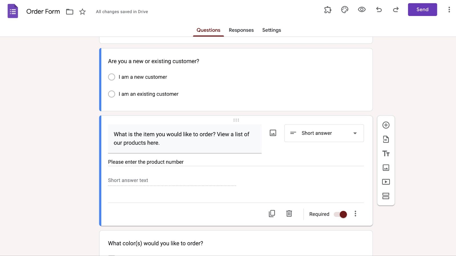Google Forms oluşturucuda bir sipariş formunun bir resmi