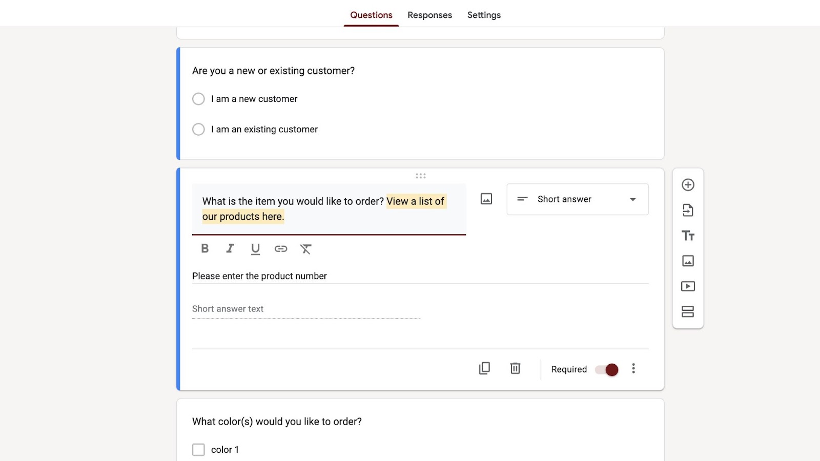 Google Forms oluşturucuda bir sipariş formunun bir resmi