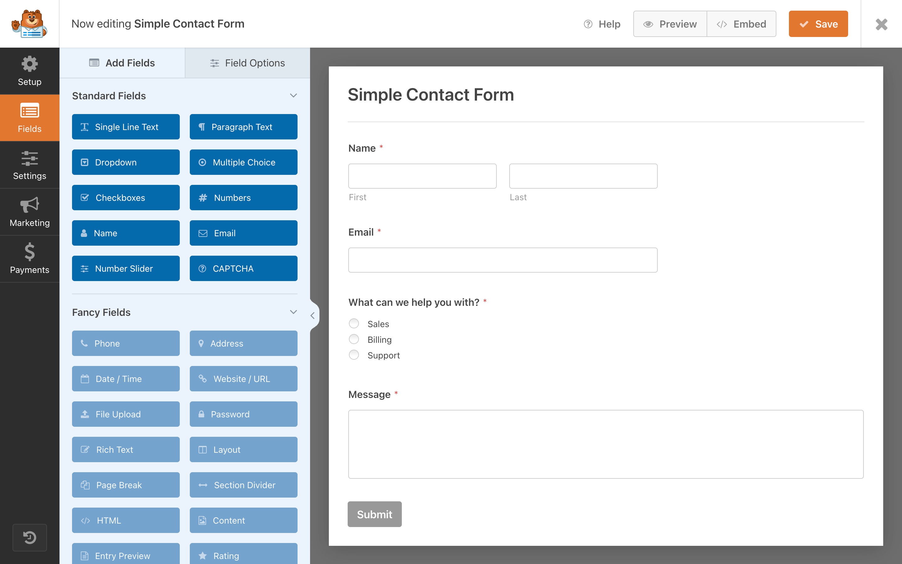 User Interface of WPForms Plug-in
