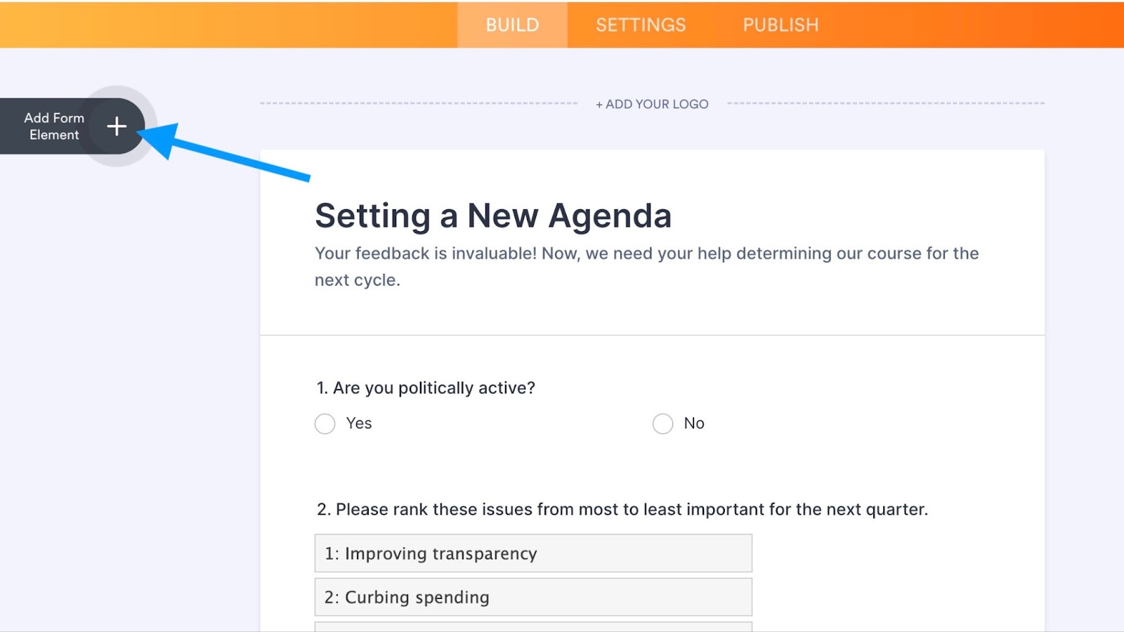 Jotform form oluşturucusunun ekran görüntüsü, "Form Elemanı Ekle"ye sola doğru bir ok ile işaret ediyor