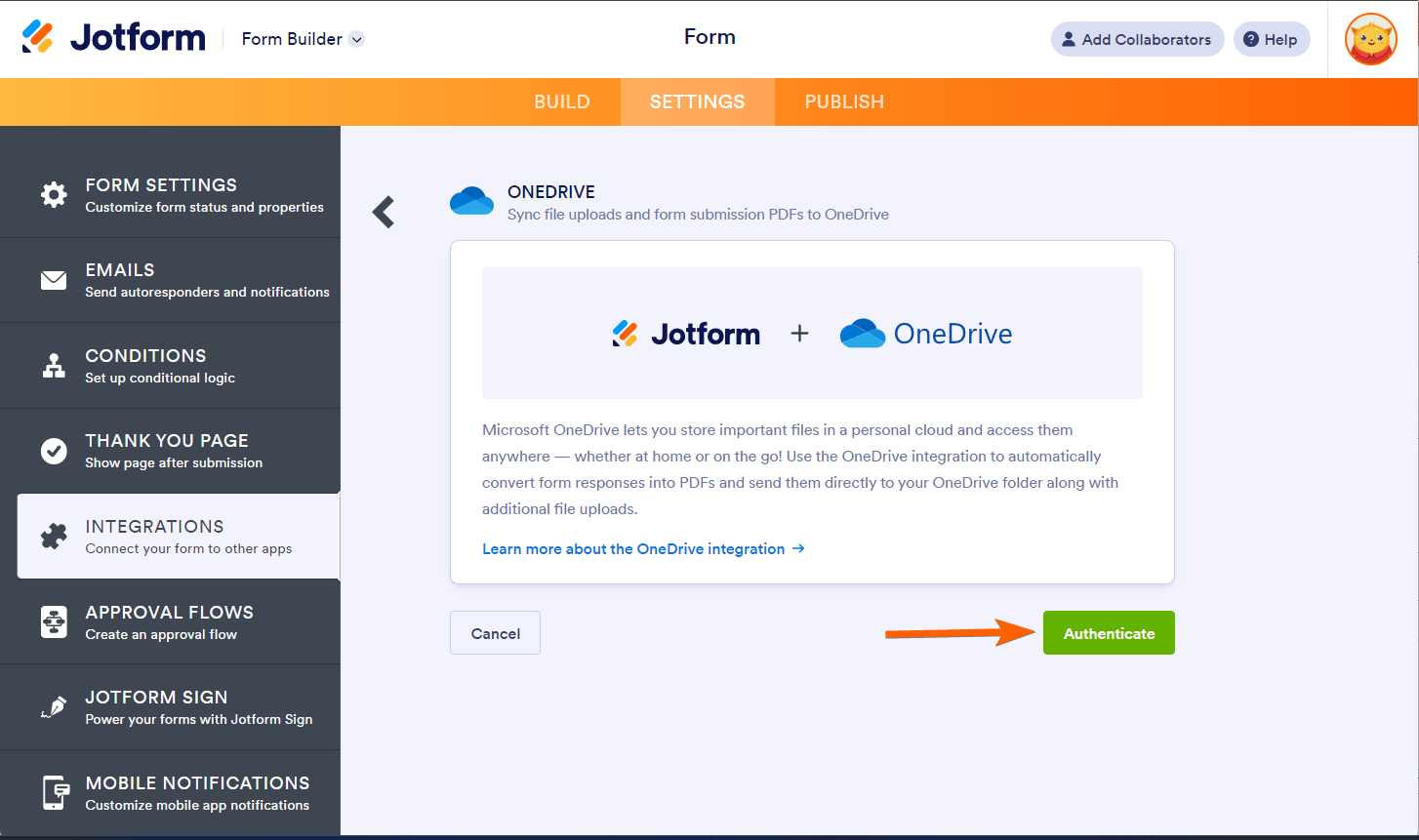Botón de autenticación en la integración de OneDrive