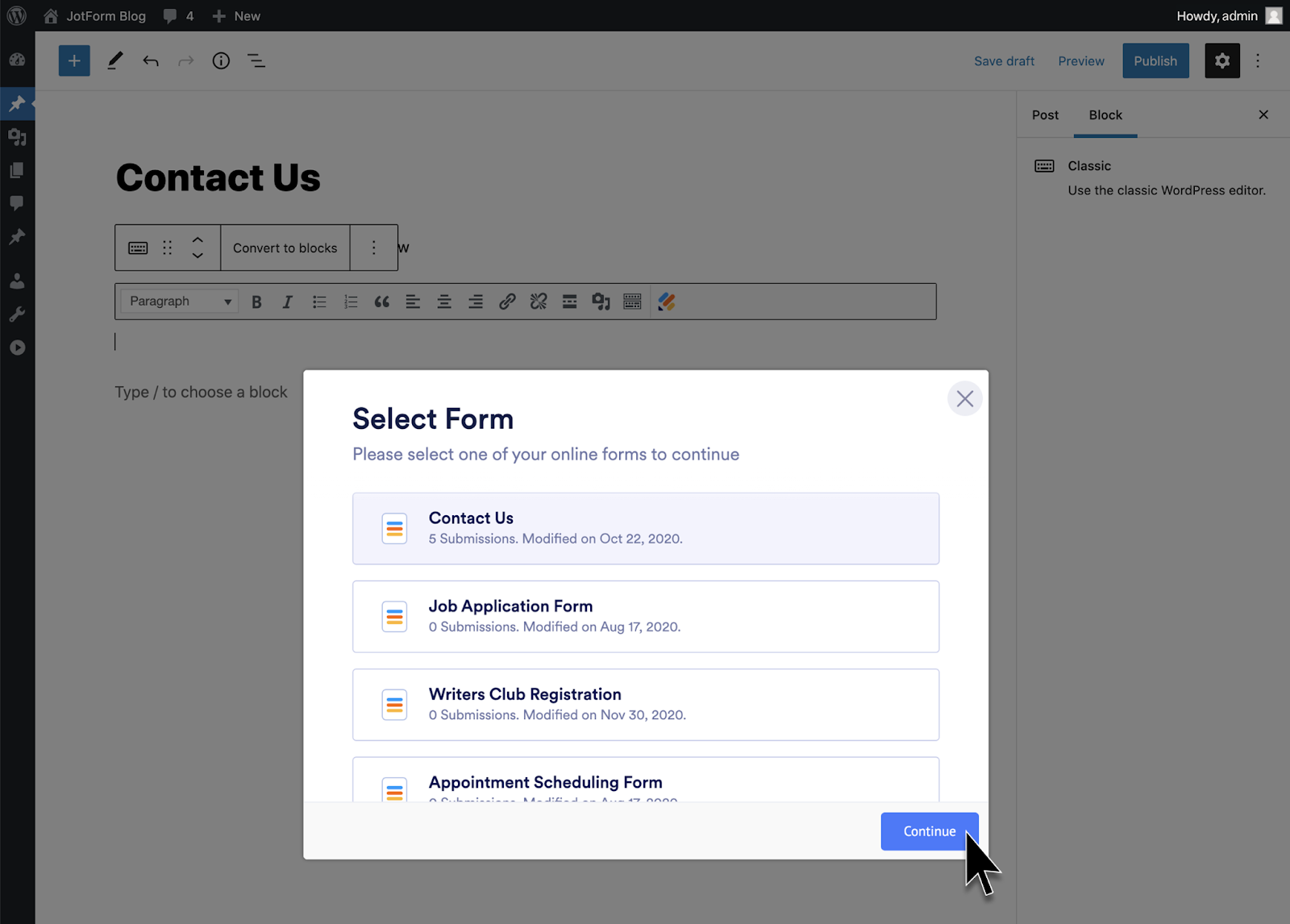 Benutzeroberfläche von Jotform Online Forms Plugin für WordPress Hinzufügen eines Kontaktformulars zu einer Website
