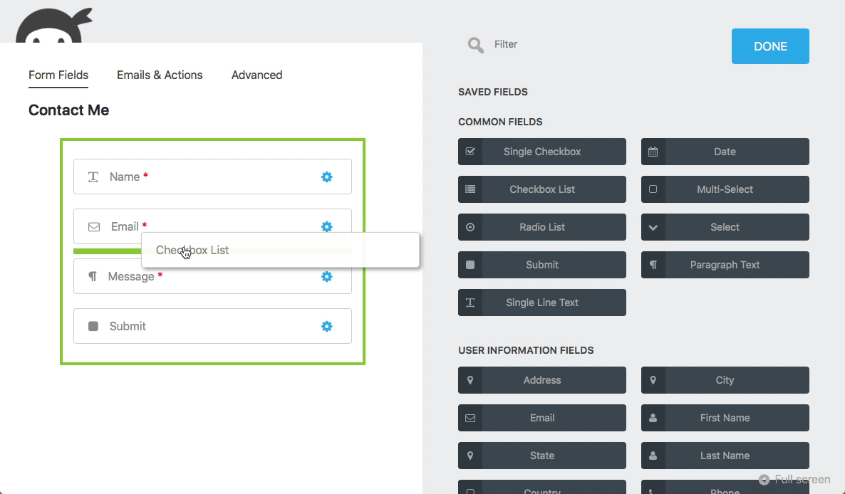 Benutzeroberfläche vom Ninja Forms Plugin für WordPress
