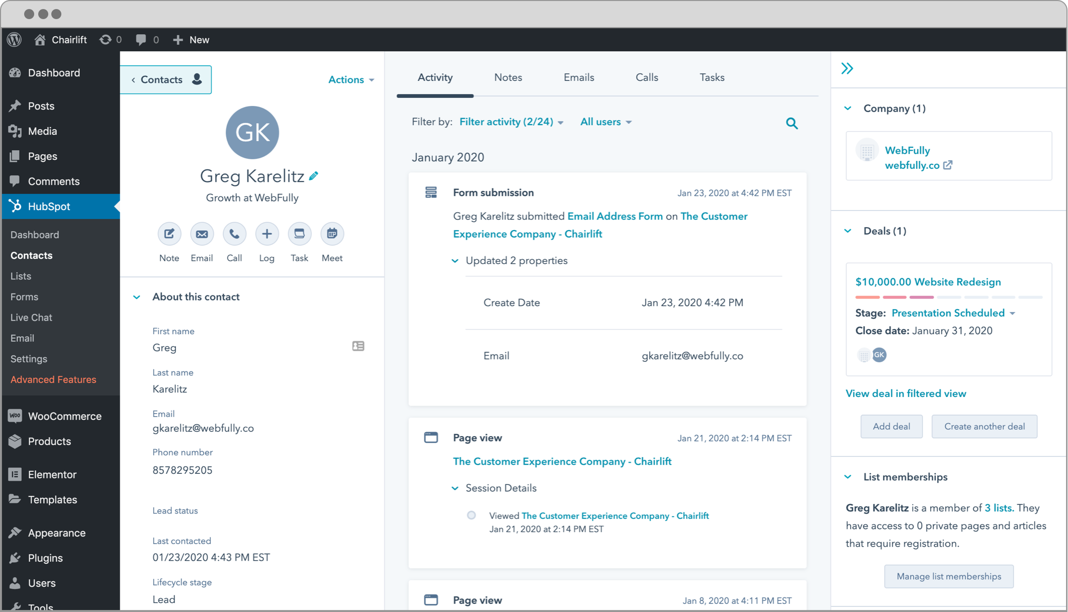 Benutzeroberfläche von HubSpot CRM WordPress Plugin