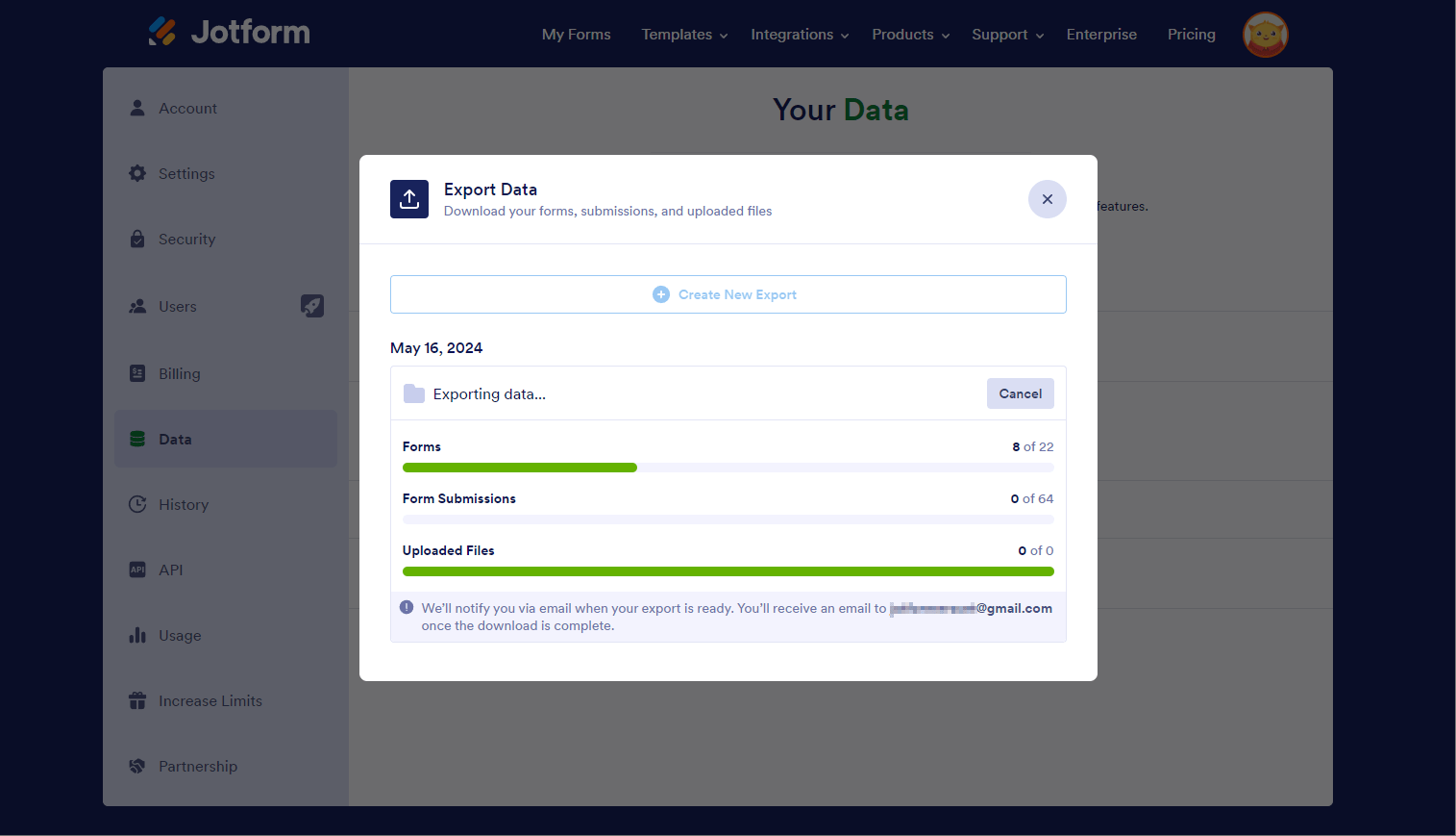 Progreso de exportación en el proceso de Exportar Datos de Jotform