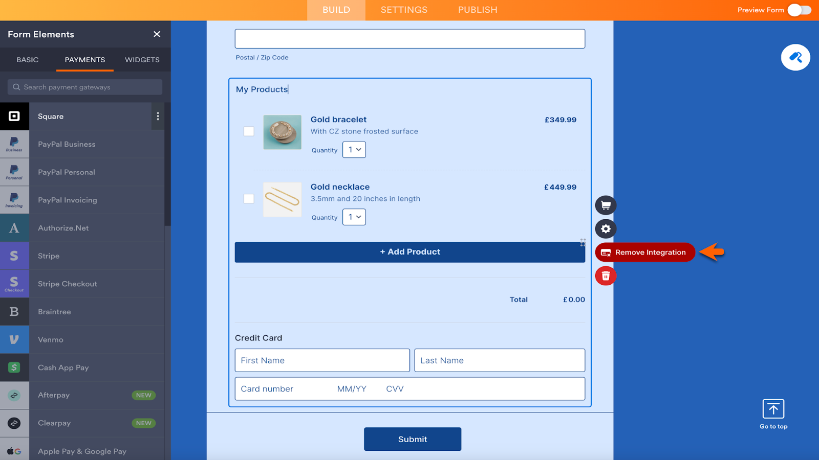 Clicking on Remove Integration Next to the Product List