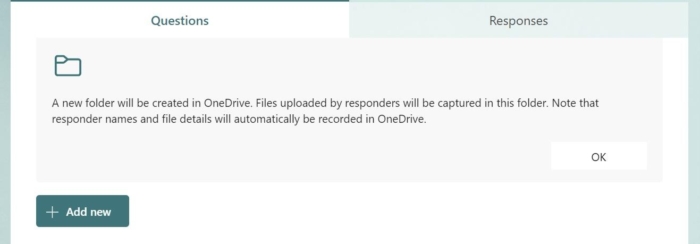 Message About Creating a New One Drive Folder in Microsoft Forms